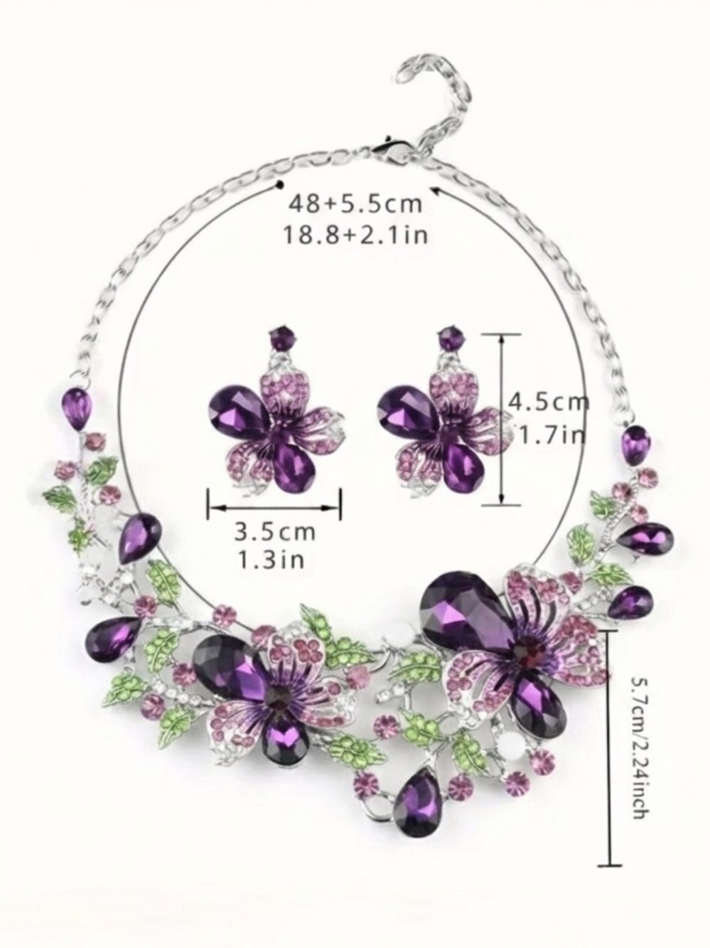 Elegant Purple Floral Crystal Necklace and Earring Set - Picture 3 of 3